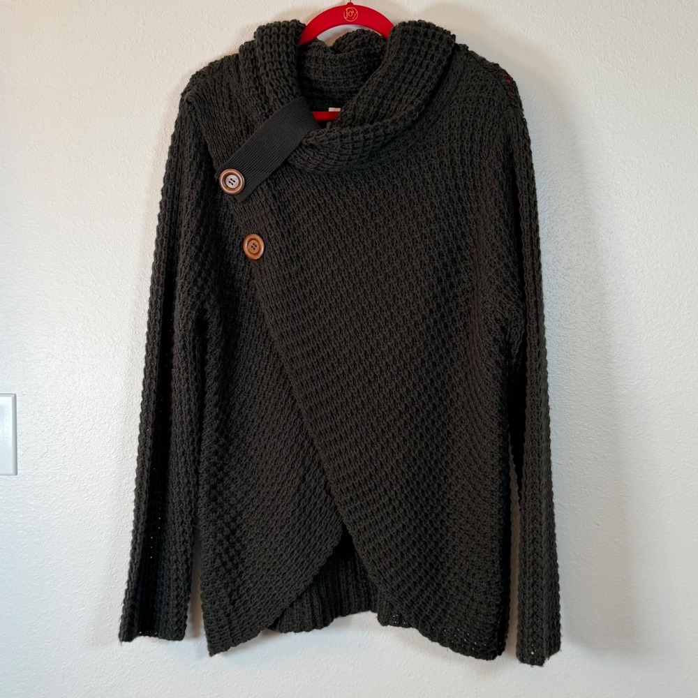Zenana Outfitters Womens XL Charcoal Gray Asymmetrical‎ Button Cowl Neck Sweater